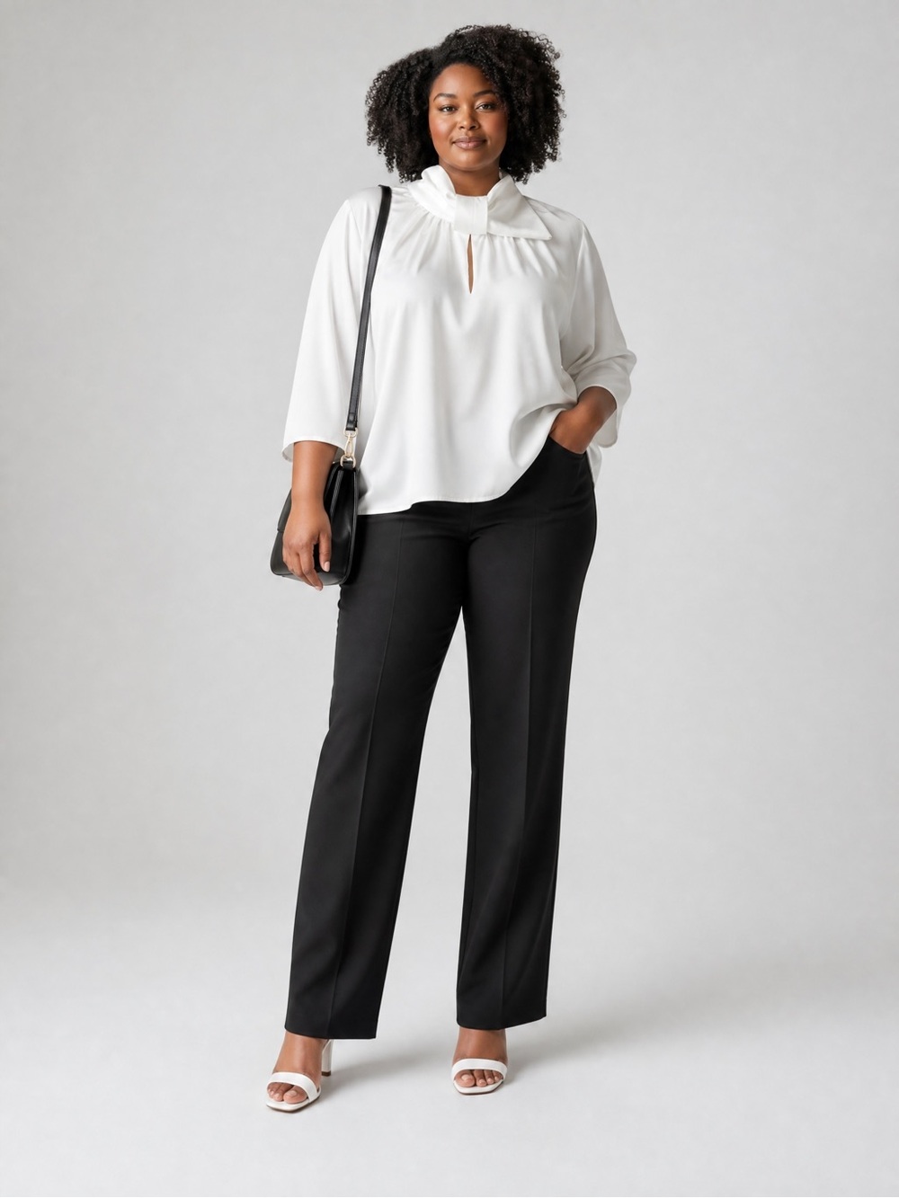 Midnight Velvet White Bow Tie Neck Blouse 1X Satin Keyhole Office Minimalist